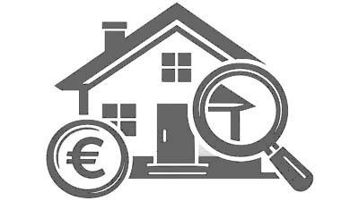 Icon: Haus mit Lupe und Euro-Symbol f&uuml;r Wertermittlung und Immobilienbewertung