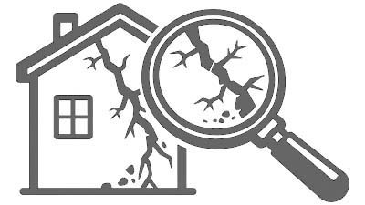 Icon: Haus mit Rissen und Lupe f&uuml;r Schadensfeststellung an Geb&auml;uden